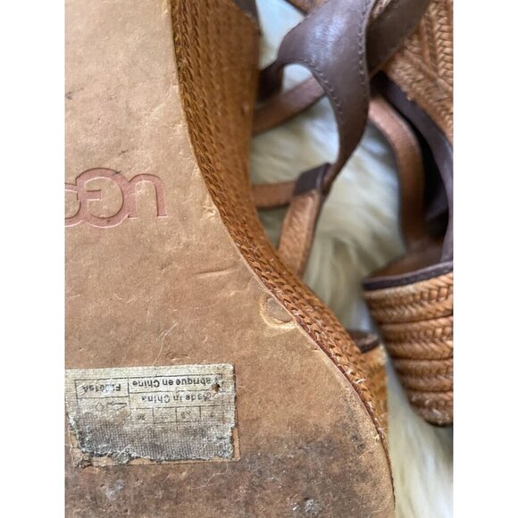 UGG Women's Leather & Woven Straw Wedge Espadrille Sandals Brown Size 7 - Picture 10 of 11